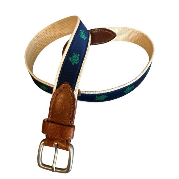 J Crew Canvas & Leather Trim Preppy Belt Turtle 34 - Picture 2 of 6